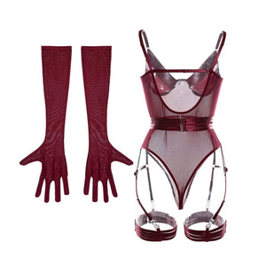 'TAINTED LOVE' GARTER BODYSUIT with GLOVES in WINE