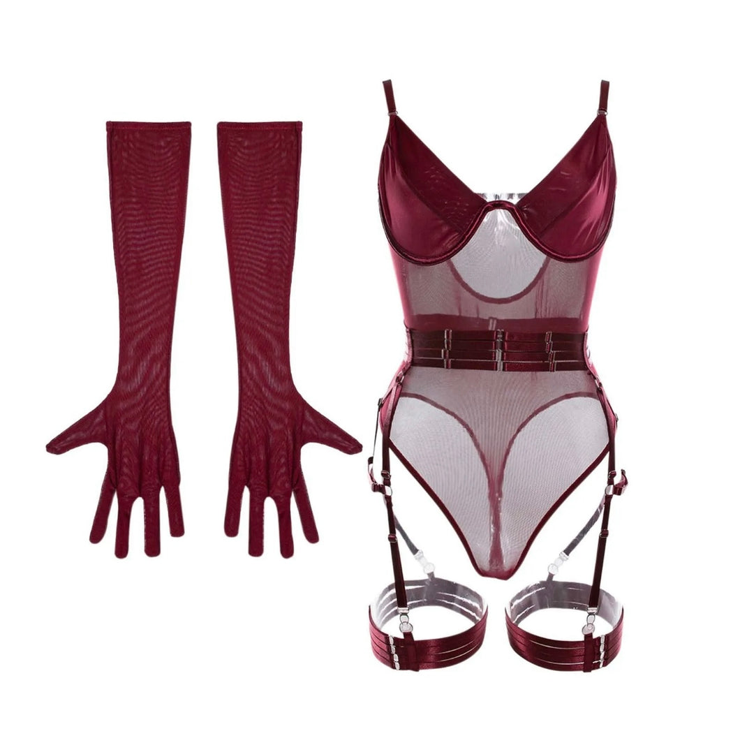 'TAINTED LOVE' GARTER BODYSUIT with GLOVES in WINE